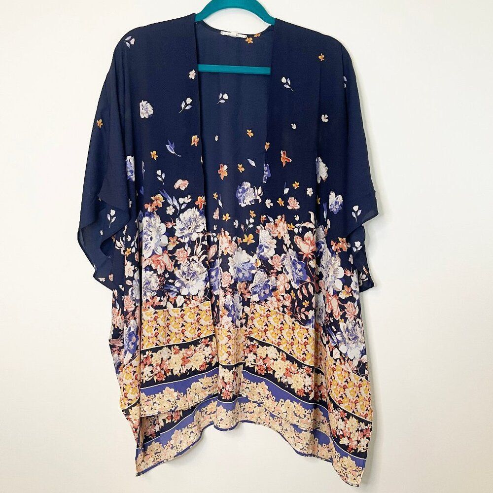 Maurices Navy Boho Floral Kimono One Size Festival Beach Vacation Garden Party